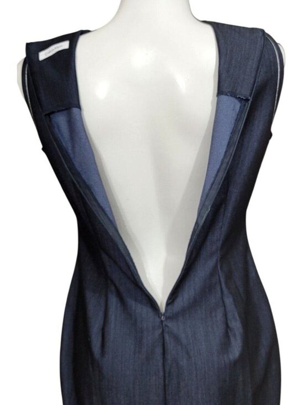 Sleeveless Navy Blue Denim Sheath Dress With White Floral Embroidery Back Zip Cl - Picture 6 of 8